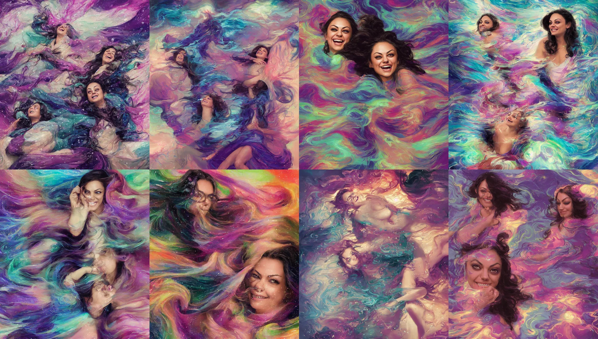 Image similar to portrait mila kunis laughing hysterically, rainy storm, intricate robes, gloomhaven, luminescent, colorful swirly magic ripples, pastel colors, by greg manchess, huang guangjian, gil elvgren, sachin teng, greg rutkowski, jesper ejsing, ilya kuvshinov, focal length : 2 0 0. 0 mm