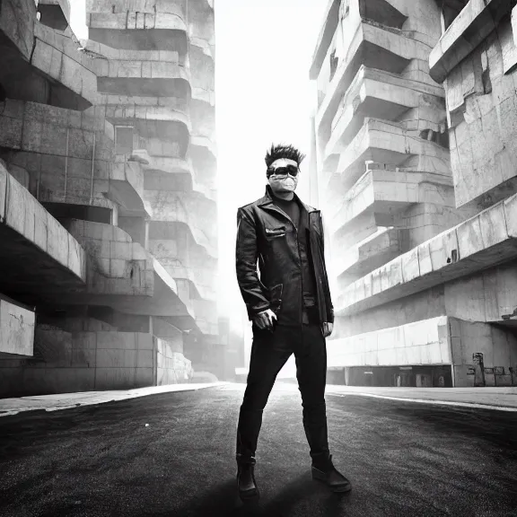 Prompt: hyperrealistic dustin bates from starset in an epic cinematic shot, standing in the streets of a distopian future city made of brutalist architecture, extreme detail