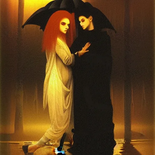 Prompt: a striking esoteric painting of Adam and Eva in the rain, dark, metal, black background, occult, by Edward Leighton