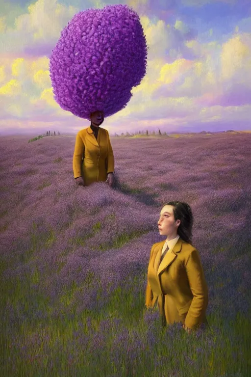 Prompt: a portrait, giant lilac flower as head, black woman in suit in heather field, surreal photography, golden hour, colorful clouds, impressionist painting, digital painting, artstation, simon stalenhag