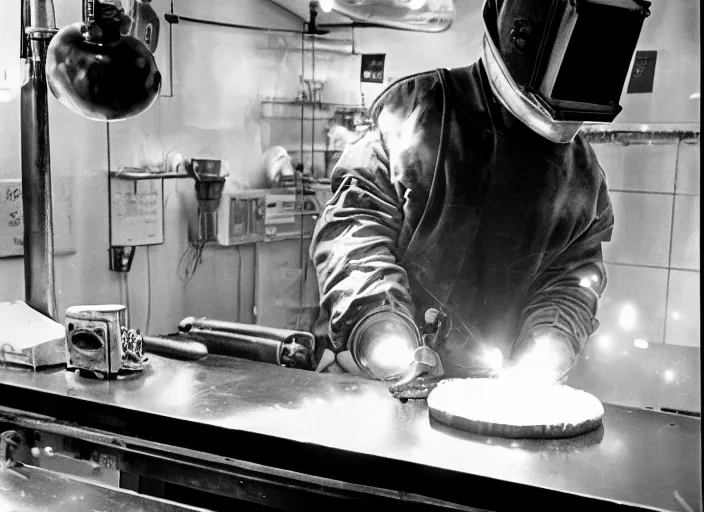 Image similar to welder in welding mask in a cheese shop, by richard avedon, tri - x pan stock