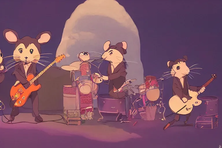 Image similar to rats playing in a rock band dressed as the beatles, beautiful, dreamlike, wholesome, ghibli and disney animation, sharp, intricated, art by ken anderson and mel shaw, bloom, dramatic lighting, brown palette,