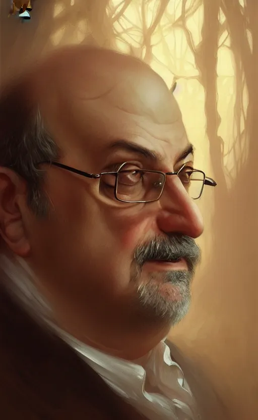 Image similar to portrait of salman rushdie, deep focus, d & d, fantasy, intricate, elegant, highly detailed, digital painting, artstation, concept art, matte, sharp focus, illustration, art by artgerm and greg rutkowski and alphonse mucha