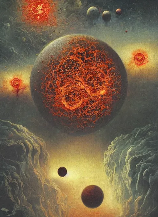 Prompt: spheres being covered by extremely detailed splatters of abstract pant, exploding, cracking planets and moons engulfed in flames in the style of, pascal blanche, surreal, beksinski, high detailed