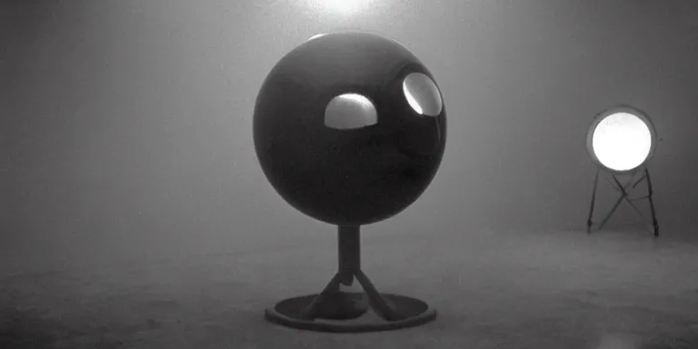 Prompt: photorealistic wide shot cinematography of a giant floating eyeball sculpture in a twilight zone episode shot on film at magic hour with the sun shining into a large 6 0's hotel lobby room filled with volumetric haze by the shining cinematographer john alcott on a cooke panchro 2 7 mm lens.