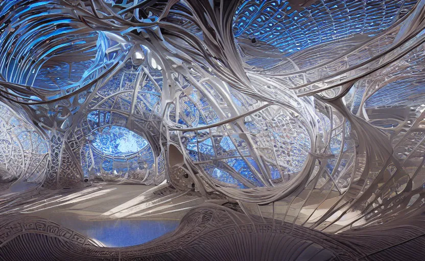 Image similar to a surreal environment of a futuristic curvilinear parametric and computational Art nouveau art installation, visionary art, intricate and complex, back-lit and front lit, hd, 16k, unreal engine, UHD photographic quality, medium format