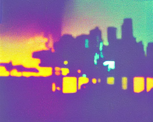 Prompt: futuristic chrome city, violet and yellow sunset, polaroid photo, atmospheric, whimsical and psychedelic, grainy, expired film, glitched