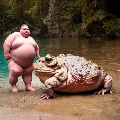 Image similar to dramatic photo of a fat tiny midget man in a swimsuit holding and licking the worlds largest toad