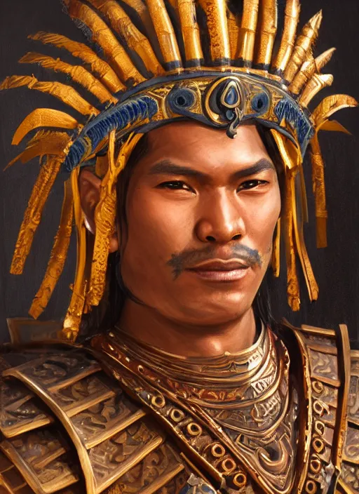 Image similar to smart tai warlord, ayothaya, closeup portrait, without beard and mustache, historical hero, ethnic group, tai costume, tai traditional bronze headdress, intricate, with leather armor cross on bare chest, elegant, loin cloth, highly detailed, oil painting, artstation, concept art, matte, sharp focus, illustration, hearthstone, art by earl norem