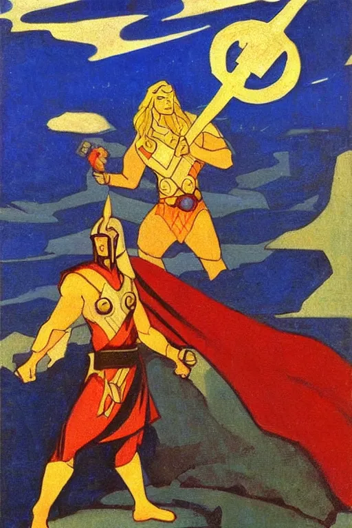 Image similar to thor, marvel, artwork by nicholas roerich,