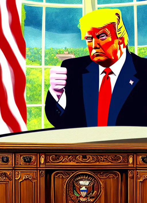 Prompt: donald trump showing fist in oval office, backround dark, highly detailed, digital illustration, trending in artstation, modern painting, smooth, sharp focus, intricate, einar jonsson, ilya repin