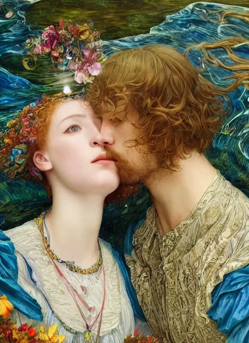 Image similar to detailed colourful masterpiece of intricate preraphaelite art novueau photography couple portrait sat down extreme closeup, love, inside an underwater train, detailed realistic expressions, wearing unusual clothes, ultra wide angle