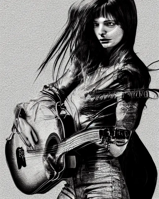 Prompt: beautiful photograph hd detailed cinematic acoustic guitar girl portrait in frank miller giger alex ross technoir style trending on deviantart artstation flickr