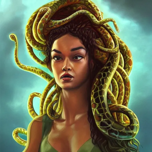 Image similar to Shanina Shaik as Medusa, snakes for hair, highly detailed, digital painting, artstation, concept art, smooth, sharp focus, illustration, art by Chris Achilleos, in the style of Medusa (1988) by Chris Achilleos.