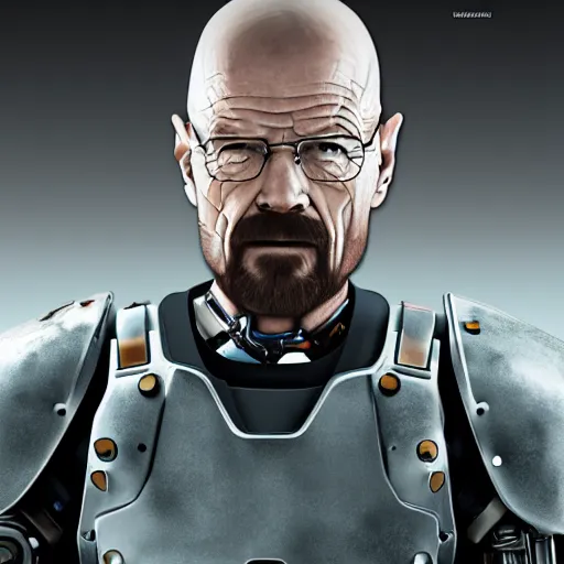 Prompt: Walter White in cybernetic battle armour with weapons, 4k octane render, highly detailed, concept art