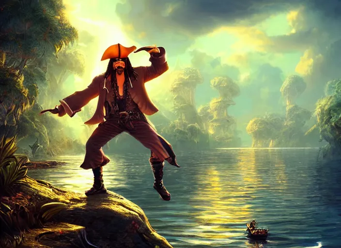 Image similar to a cool looking pirate eating magic mushroom, golden hour, fantasy, sharp focus, digital art, hyper realistic, 4 k, unreal engine, highly detailed, hd, dramatic lighting by brom, trending on artstation