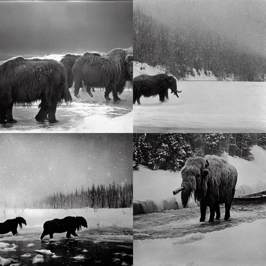 Prompt: a black and white photo from the early 1900s of a woolly mammoth crossing a river in Siberia, snow, cold, blizzard