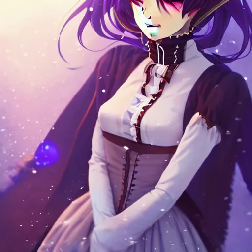 Image similar to wearing full clothing in full clothing victorian dress, beautiful anime woman, purple hair, red eyes, weapon, steampunk, symmetrical face, symmetrical eyes, full round face, short smile, detailed, winter setting, cinematic lighting, medium shot, mid - shot, makoto shinkai, artgerm, ilya kuvshinov, loish