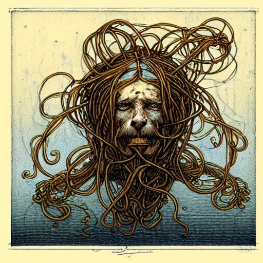 Prompt: design, human flying spaghetti monster, borders, lines, decorations, muted colors, by jean - baptiste monge