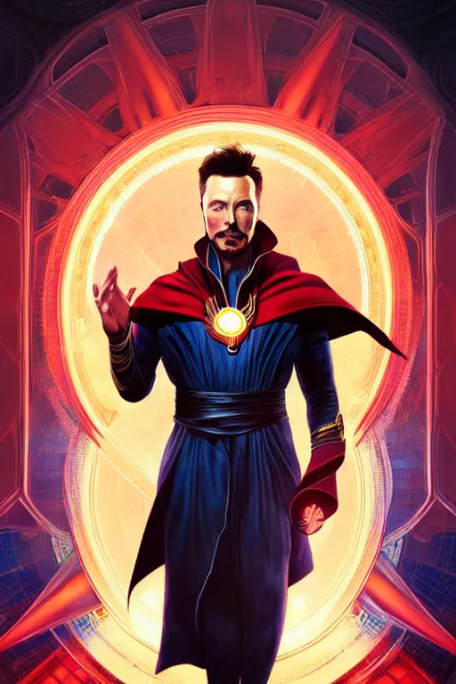 Image similar to elon musk as dr strange, realistic portrait, symmetrical, highly detailed, digital painting, artstation, concept art, smooth, sharp focus, illustration, cinematic lighting, art by artgerm and greg rutkowski and alphonse mucha