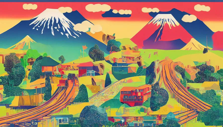 Prompt: award winning graphic design poster, cutouts constructing an contemporary art depicting a lone mount fuji and hills, rural splendor, and bullet train, isolated on white, and bountiful crafts, local foods, edgy and eccentric abstract cubist realism, mixed media painting by Leslie David and Lisa Frank for juxtapose magazine