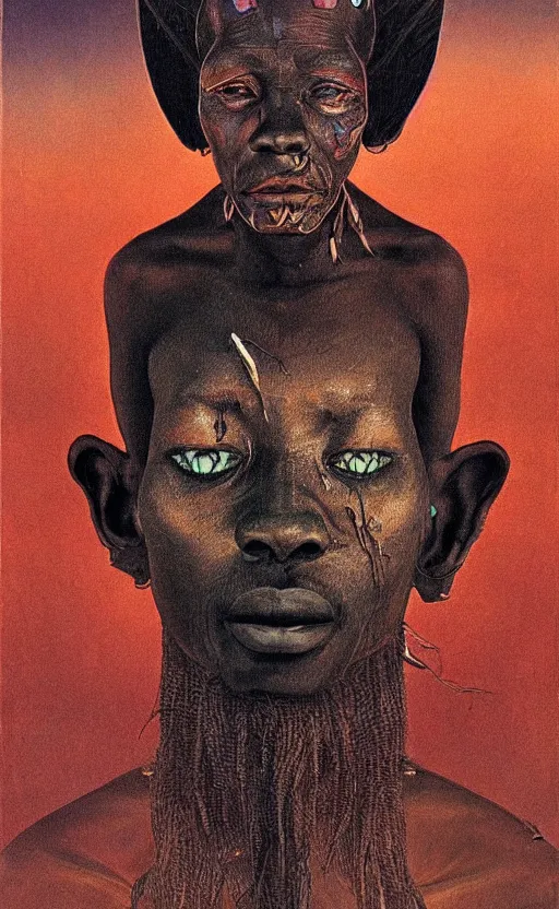 Image similar to portrait of african tribal chief, symmetrical, dramatic lighting, colourful, art by zdzislaw beksinski,