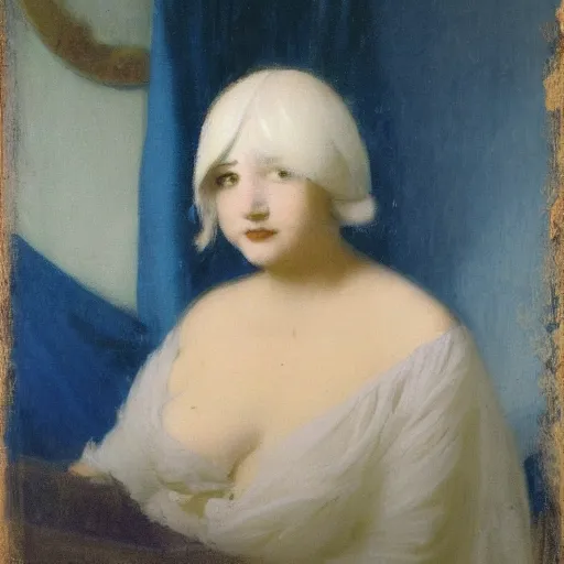 Prompt: a young woman’s face, her hair is white, she wears a cobalt blue cloak, by ivan aivazovsky and pieter claesz and paul delaroche and alma tadema and august malmstrom and and willen claesz heda and aelbert cuyp and gerard ter borch, contrapposto, hyperrealistic, volumetric light, rendered in octane, c4d