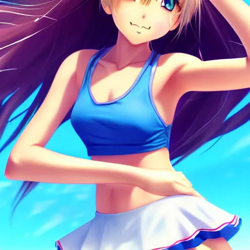 Prompt: a very beautiful young anime tennis girl, full body, long wavy blond hair, sky blue eyes, full round face, short smile, bikini, miniskirt, highly detailed, cinematic wallpaper by stanley artgerm lau
