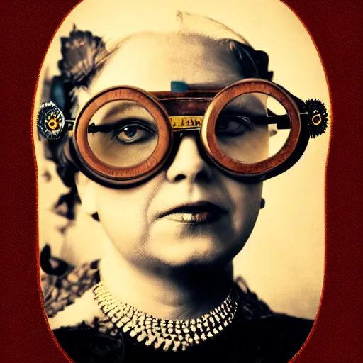 Prompt: the queen wearing big steampunk googles, colored photo by gustave baumann