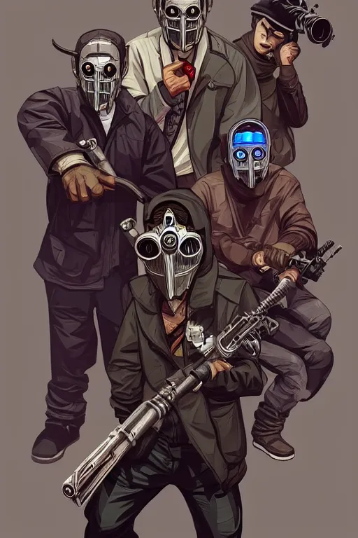 Prompt: 8 k hd wolf gangs use gray bandana, riffle, some of them use gask mask, gray hoodie, group photos, pop art, pixel, bioshock art style, gta chinatown art style, 8 k uhd character details, 8 k uhd art by artgerm richard hamilton and mimmo rottela