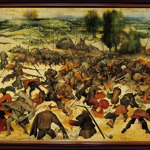 Image similar to a beautiful installation art of a battle scene from the lord of the rings. by pieter bruegel the elder