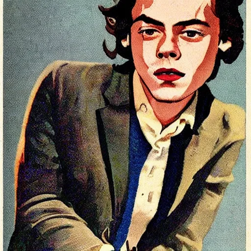 Prompt: “Harry Styles portrait, color vintage magazine illustration 1950”