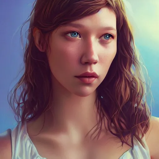 Image similar to a beautiful scenic painting of a beautiful young girl that looks like lea seydoux by artgerm and wlop and wes anderson and spike jonze