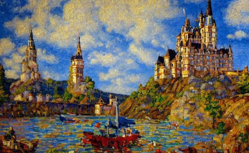 Image similar to a French impressionist oil painting of a lego castle