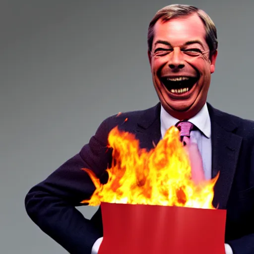 Prompt: nigel farage laughing holding burning euflag, studio photograph, hd, studio