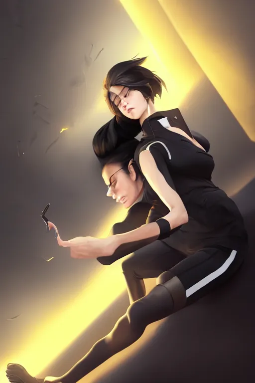 Image similar to black ponytail hair, pale woman in a black unzipped jacket, black shorts, yellow eyes, by artgerm, hair tied in a ponytail, black backdrop, masterpiece, beautiful render, matte painting, realistic, dynamic angle, wlop, loish, octane render, sharp focus, decadent, by greg rutkowski makoto shinkai