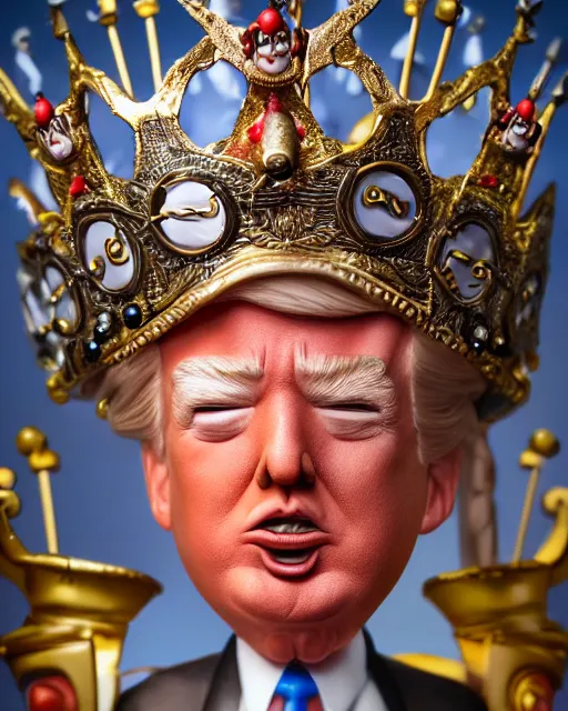 Image similar to highly detailed closeup, face profile portrait of a tin toy donald trump as a fairytale king hemry the eighth wearing a crown and eating cakes, depth of field, nicoletta ceccoli, mark ryden, lostfish, max fleischer, breathtaking, detailed and intricate environment, 8 k resolution, hyperrealistic, octane render