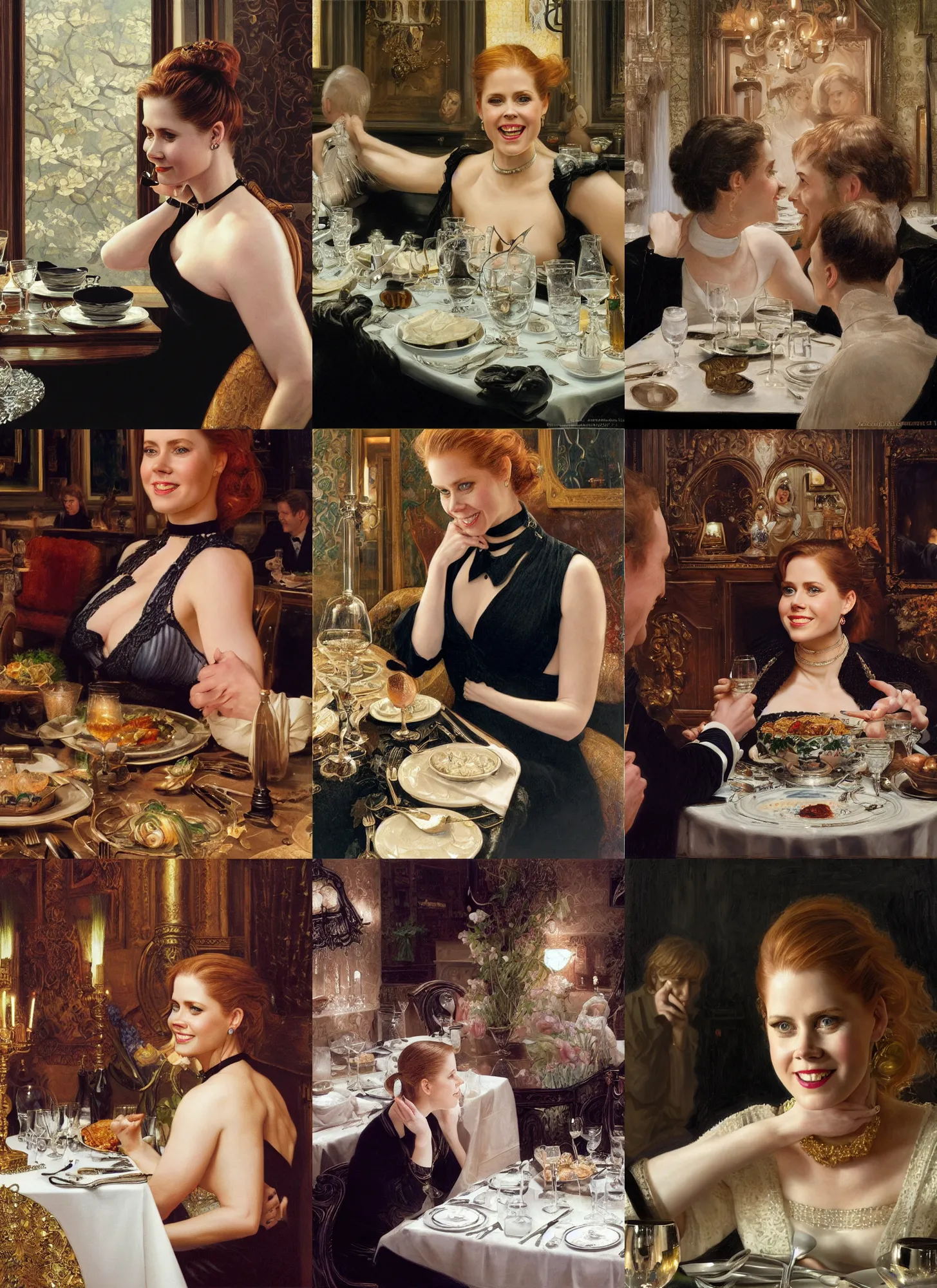 Image similar to dinner with amy adams smiling sitting across the camera wearing a black choker staring into the camera in an expensive private restaurant, 1 9 9 0, intricate, elegant, tasteful, highly detailed, shallow depth of field, artgerm, donato giancola, joseph christian leyendecker