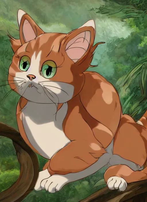 Image similar to official digital painting artwork of a cat character by don bluth, ross tran and studio ghibli.