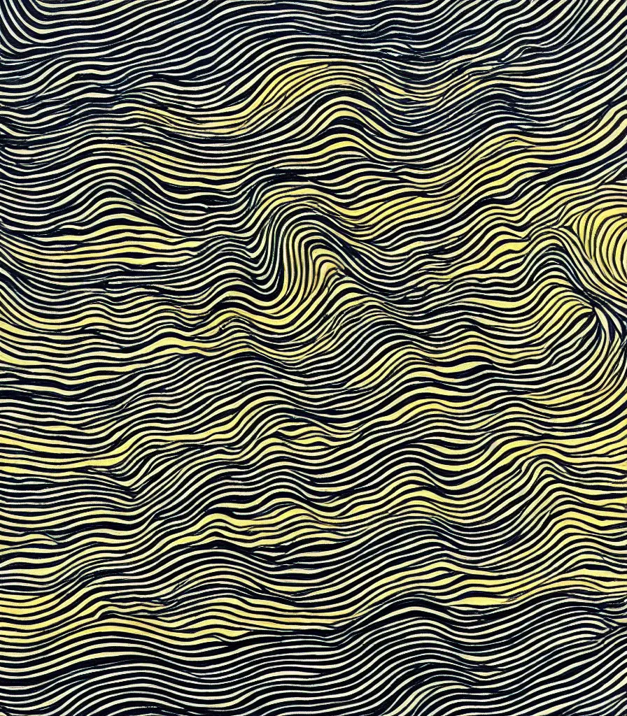 Image similar to a beautiful painting of symmetric waves on the coast, lineart, charcoal sketch, extremely fine finish, high detail, simple style, golden acrylic highlights