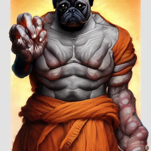 Image similar to a pug as dhalsim from street fighter, 4 k, ultra realistic, detailed focused art by artgerm and greg rutkowski and alphonse mucha