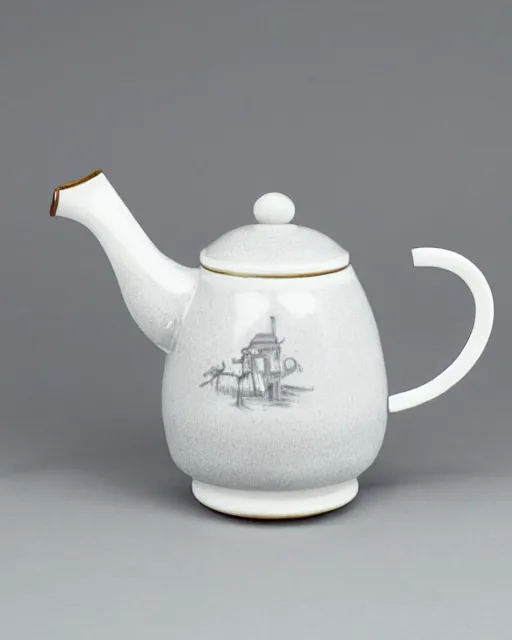 Image similar to a white tea kettle with a little porcelain gray mouse on it's spout