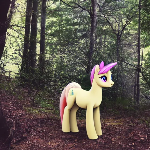 Image similar to photo of real my little pony in the woods feral cryptid