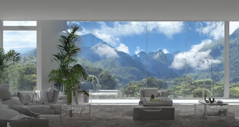 Image similar to looked at big window, architectural, mountains in background, cloud forest in background, tropical, sunny day time, clear sky, living room, furniture, IKEA catalogue, futuristic, ultra realistic, ultra detailed, cinematic light, anamorphic