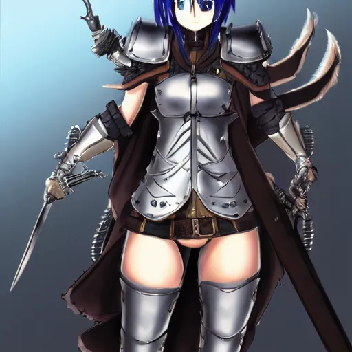 Prompt: a female adventurer in leather armor with a sword attached to her hip, anime style, character sheet, concept art, silver hair, detailed face, artstation, trending, masterpiece, sharp focus, blue eyes, leather shoulder pad, art by hiro mashima, stunning, high resolution, beautiful