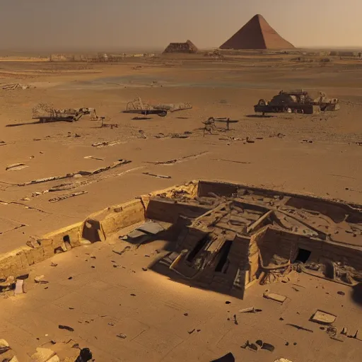 Image similar to archeological dig reveals wrecked alien spacecraft in egypt, pyramids in background, artstation