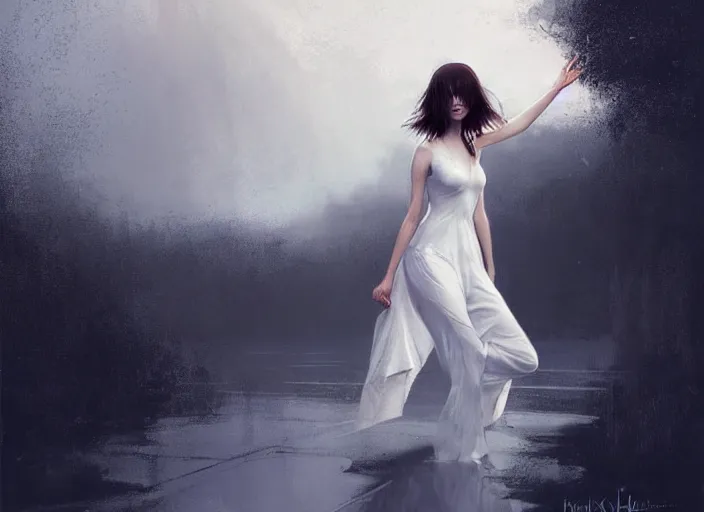 Image similar to white dress girl chasing from crazy grim reaper, messy hair, messy lines, scared face, beautiful and aesthetic and attractive, dramatic situation, specular reflection, occlusion shadow, intricate, bokeh, by ilya kuvshinov and jeremy lipking and quentin mabille