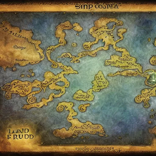 Image similar to simple fantasy map, the land of Odrua, several continents arranged in an arc, world of Lute, by JRR Tolkien and Brian Froud, Vatican Map Room, fantasy concept painting, Magic The Gathering Art, trending on art station, oceans, continents, unmarked