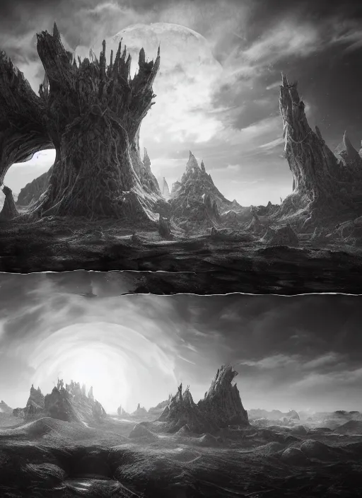 Image similar to An epic fantasy comic book style landscapes of floating islands in space, grayscale, fisheye lens, unreal 5, DAZ, octane render, cosplay, RPG portrait, dynamic lighting