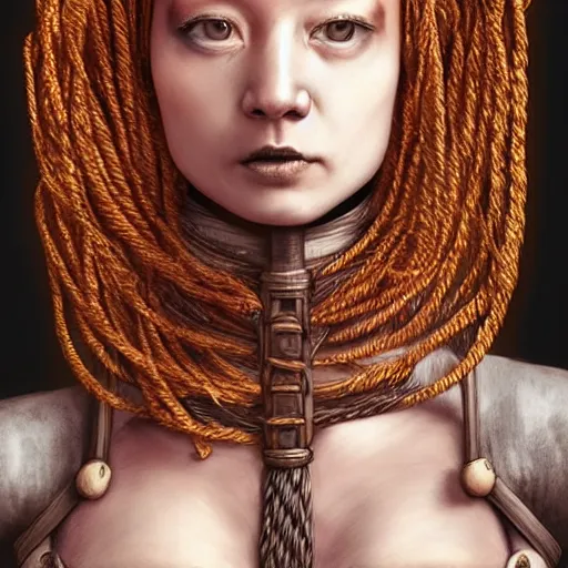 Image similar to portrait of a Shibari rope wrapped face and neck, headshot, insanely nice professional hair style, dramatic hair color, digital painting, of a old 15th century, young cyborg Rubber Nun, amber jewels, baroque, ornate clothing, scifi, realistic, hyperdetailed, chiaroscuro, concept art, art by Franz Hals and Jon Foster and Ayami Kojima and Amano and Karol Bak,